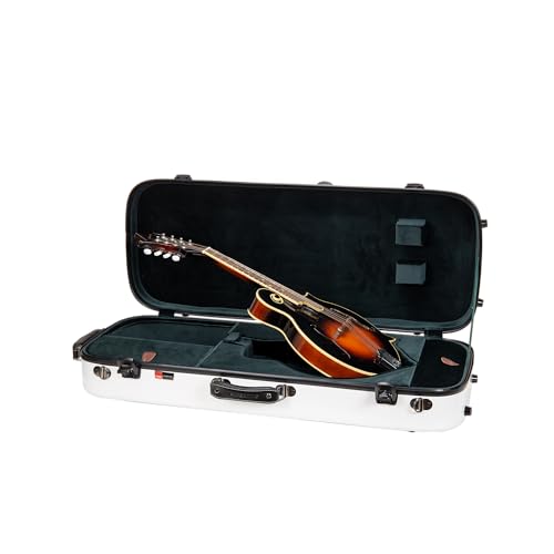 Image of Crossrock Fiberglass Mandolin Case - Oblong for F-Style (Fits Gibson F5) | Gloss White Finish, Forest Green Velvet, TSA Lock, Hygrometer, Backpack Straps - Hard Shell Pro Travel Series