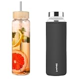 LOOFORE Borraccia Vetro 1 Litro con Cannuccia, Borraccia in Vetro Borosilicato con 2 Coperchi (Coperchio in Bambù e Acciaio Inossidabile), senza BPA, Prova di Perdite per Campeggio (Grigio Scuro)