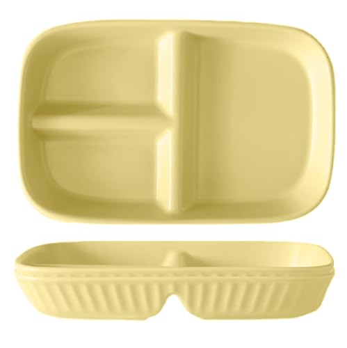 Image of Unbreakable Wheat Straw Plate with 3 Compartments Reusable Plastic Tray for Wedding Birthday Party, Dinner, Fruits, Salad, Cupcake, Steak Dishwasher & Microwave Safe (Yellow, Pack of 2)