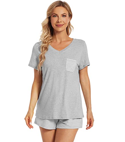 Image of WiWi Womens Pajamas Set Bamboo Viscose Super Soft Short Sleeve Top Ruffle Shorts Sleepwear Cooling Pj Sets S-XXL