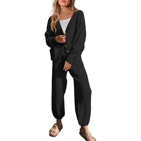 Yanekop Womens Two Piece Outfits V Neck Button Down Cardigan Sweater Sets Cozy Knit Loungewear Set(Black,L) Cover