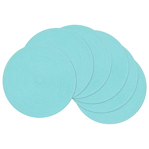 Image of SHACOS Round Placemats Set of 6 Washable 15 inch Round Table Mats Cotton Polyester Woven Braided Place Mats for Dining Table (Aqua, 6)