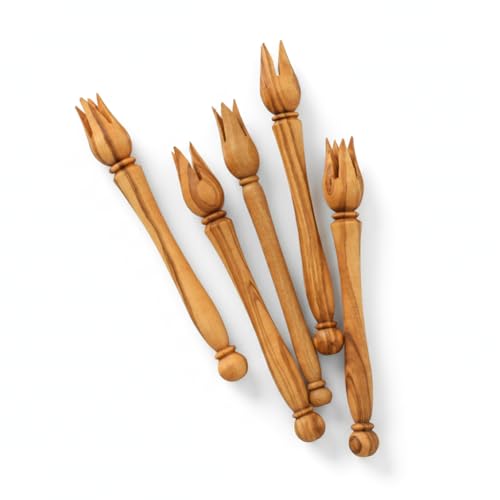 Cocktailspieße aus Olivenholz – Set mit 6 handgefertigten Vorspeisen-Gabeln | langlebige Olivenstabber für Tapas, Käse, Obst + GRATIS Bienenwachs-Finish & Personalisierung