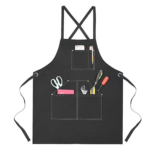 OTraki Chef Apron Cross Back Canvas Aprons with 6 Pockets for Men Women Cooking Grilling Baking Gardening Woodworking Black, Size M to XXL