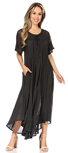 Image of Sakkas Egan Long Embroidered Caftan Dress /Cover Up with Embroidered Cap Sleeves