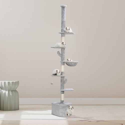 Heybly Floor to Ceiling Cat Tree 98-109.5 Inches with Hammock,Cat Condo,Tall Cat Climbing Tower Adjustable with Scratching Posts for Indoor Cats Light Gary HCT090W