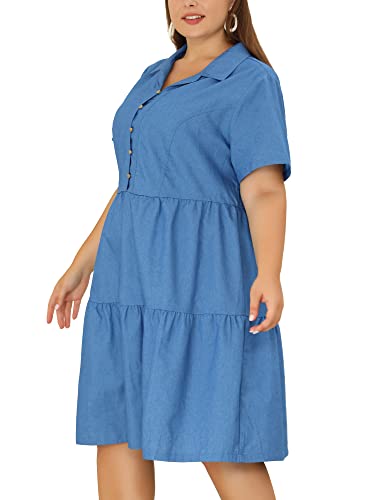 Image of Agnes Orinda Plus Size Chambray Dress for Women Short Sleeve Button Down Flowy Tiered Shirt Dresses