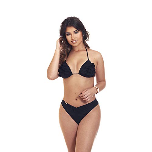 Biquíni de babadinho com bojo e calcinha levanta bumbum (Preto, G)