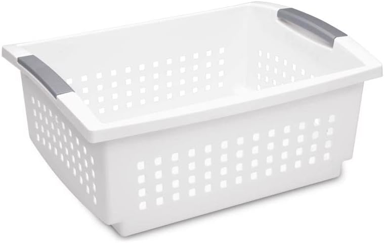 Sterilite Large Stacking Basket, Plastic Storage Bin for Organizing Countertops, Pantry, or Classroom, White Basket with Gray Handles, 10-pack
