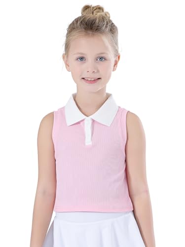 Bezioner Girls Polo Shirts Sleeveless Tennis T-Shirts Collared Golf Shirt Athletic Tank Tops for Gym Workout Running Pink 110