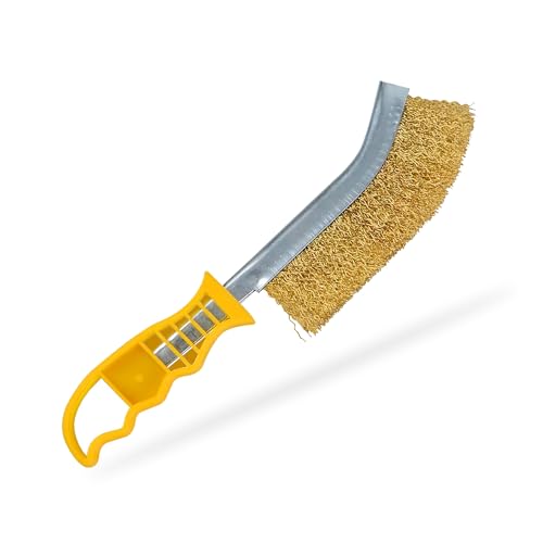 G4GADGET Brass Wire Brush with Yellow Handle - General Purpose Crimped Long Handled Wire Brush for Rust Removal and Surface Preparation