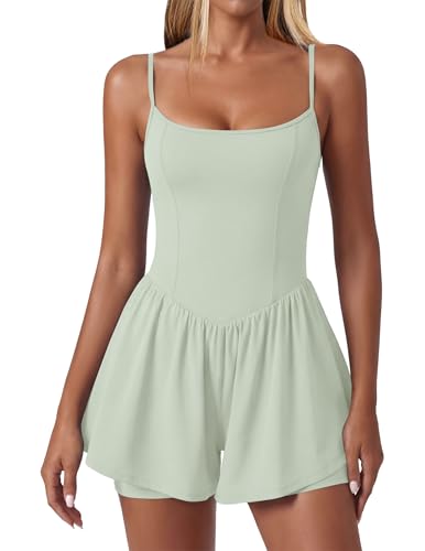 Ekouaer Womens Summer Sleeveless Workout Rompers Athletic Jumpsuit Double Lined Shorts One Piece Gym Yoga Clothes Light Green
