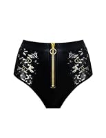 LOVE YOU SEXY Damen Kunstleder und SeitenHohle Spitze Höhe Taille Unterhosen mit Reißverschluss, Schwarz Unterhosen, Groß