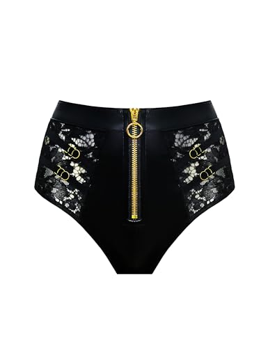 LOVE YOU SEXY Damen Kunstleder und SeitenHohle Spitze Höhe Taille Unterhosen mit Reißverschluss, Schwarz Unterhosen, Groß