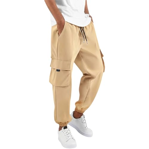 Mymyguoe Pantalones cargo de algodón para hombre, pantalones chinos holgados, cintura elástica, pantalones de trabajo con bolsillos, cordón, pantalones de senderismo para exteriores, pantalones chinos