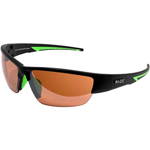 Raze Checkmate Sport Sunglasses Black Matte Frame with Green Accents & HD Amber Lens