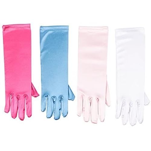 BLUE PANDA 4-Pair Princess Dress Up Gloves for Toddlers 3-5 - Small 9.75-Inch Satin Kids Bundle: Baby Pink, Hot Pink, White & Blue - Long Princess Gloves Toddler - Weddings & Birthdays3