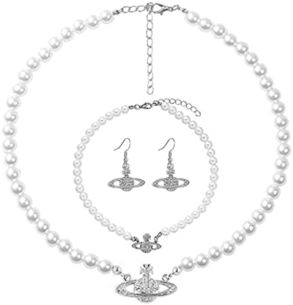 pugest Jewelry 3 PCS Set for Women - Adjustable Saturn Necklace Set Fashion Dangle Earring White Pearl Bracelet Easy to Wear Suitable for Parties, Dates, Everyday Wear (3 PCS) (Silver)