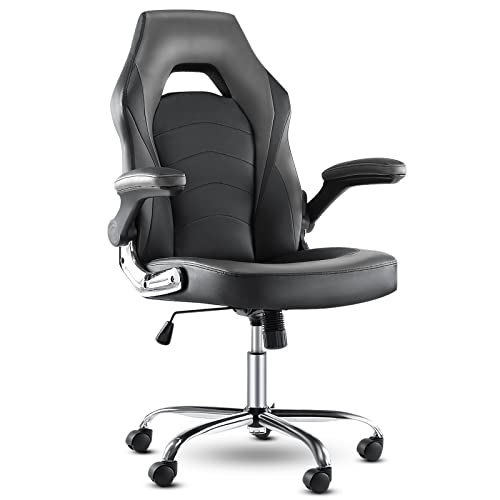 Image of Office Gaming Chair - Ergonomic Computer Desk Chairs with Flip-up Armrest, Executive Swivel Chair, PU Leather, Thick Padding