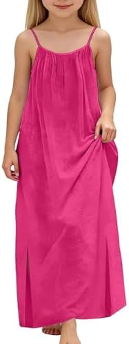 Tween Girls Summer Sleeveless Backless Cami Dresses Solid Color Spaghetti Strap Flowy Dress Long Sundress with Back Tie