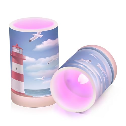 Image of Lighthouse Seagull Beach Flickering Flameless Candles LED Battery Operated with Remote Timer Pillar Candles for Home Birthday Wedding Christmas Decor, Set of 2