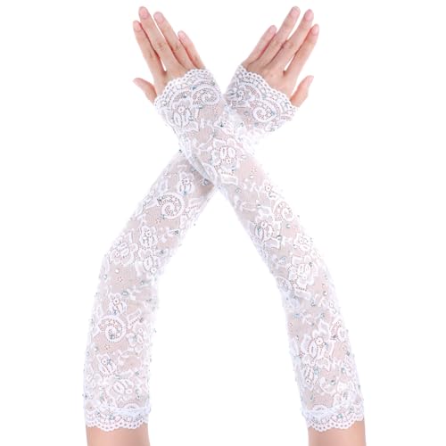 Lace Arm Sleeves for Women, Rhinestone Fingerless White Lace Sleeves to Cover Arms for Women, Wedding Tea Party Pattern Engagement Dress