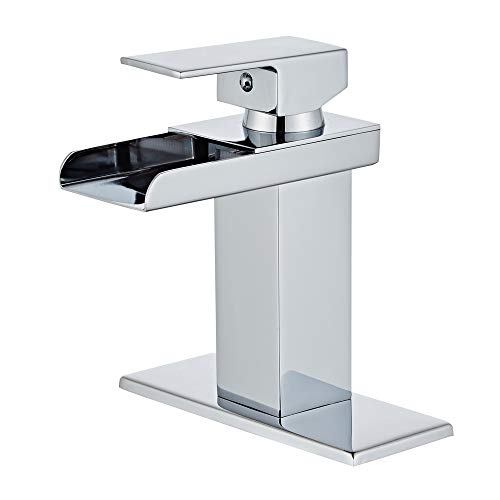 Wovier Chrome Waterfall Spout Bathroom Sink Faucet With Supply Hose,Single Handle Single Hole Lavatory Faucet,Slanted Body Basin Mixer Tap Commercial(No Led) #TOP11