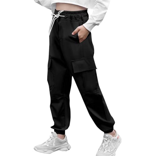 Kids Cotton Cargo Pants Multi Pockets Thick Warm Straight Long Pants Boys Girls Drawstring Straight Elastic Trousers4
