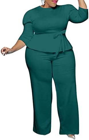 ThusFar Plus Size 2 Piece Outfits for Women Blazer Top Long Sleeve Long Pants Sets Casual Elegant Business Suit with Belt