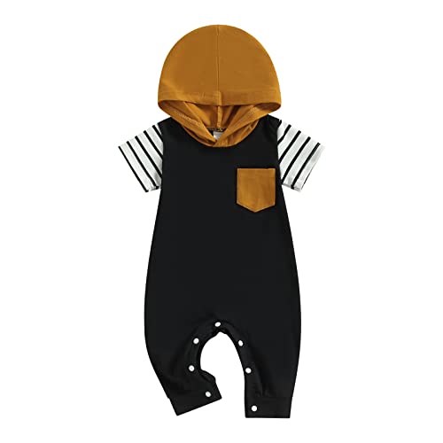Infant Newborn Baby Boys Romper Summer Jumpsuit Hooded Short Sleeve Overalls Striped Patchwork Outfit One Piece Clothes (Black, 3-6 Months) #TOP30