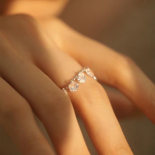 Diamond Beaded Ring for Women Crystal Solitaire Waterdrop CZ Charms Dangle Bead Ball Statement Adjustable Finger Rings Band Dainty Wedding Engagement Jewelry Gifts for Bridesmaid4