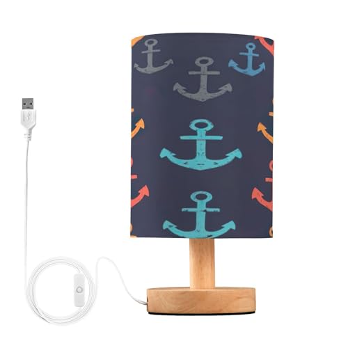 SDMKA Colorful Anchors Bedside Table Lamp for Bedroom, Minimalist Nightstand Lamp with Round Fabric Shade for Living Room, Office, No Bulb Required