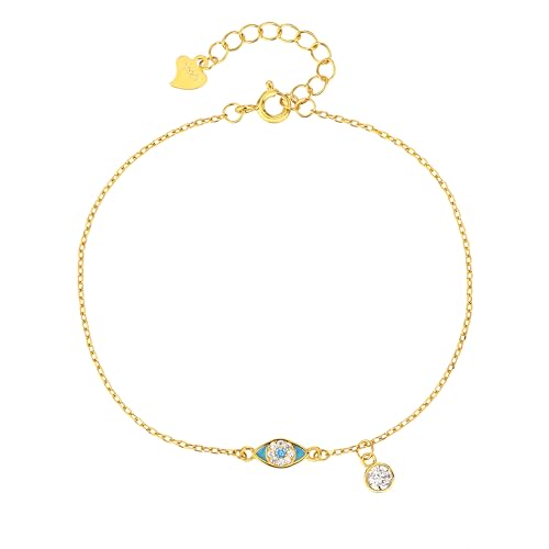 MYSTIC JEWELS - Pulsera de Plata 925 Bañado en Oro con Ojo Turquesa, Circonita Cúbica, Dije Móvil, Ajustable 16+3 cm