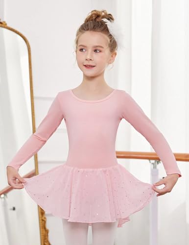 Image of Arshiner Girls Long Sleeve Ballet Leotards with Shinny Skirts Criss-Cross Back Dance Dresses