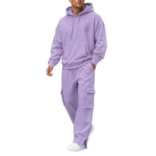 CSVBVSQ Track Suits Mens,Men Sweatsuits Sets Zip Up & Pullover Sweatshirt And Cargo Sweatpants 2 Piece Track Suit Sweatsets Baggy Fall Winter Outfits(Light Purple,Small)