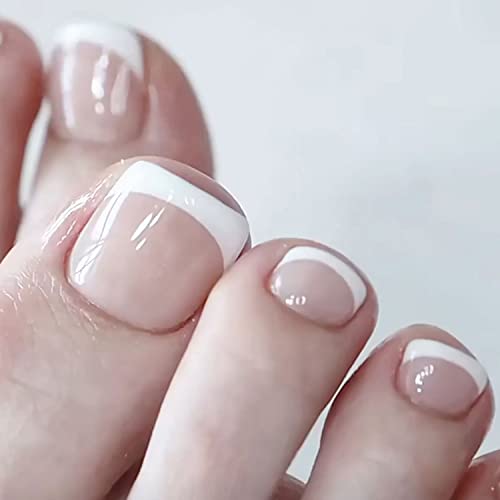 Aidvpod 24Pcs Press On Toenails Fake Toe Nail Nude White French Tip Sticker With Glue Summer Full Cover False Fashion Square Short Removable Acrylic Nails For Women Manicure Decor #TOP5
