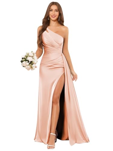 HYY One Shoulder Bridesmaid Dresses with Slit Satin Ruched Long Mermaid Rose Gold Formal Corset Wedding Guest Dress Size 8