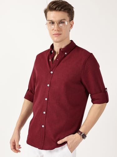 Image of Thomas Scott Men's | Solid | Textured Fabric | Full Sleeve | Slim Fit | Polyester-Blend | Spread Collar | Casual Shirt