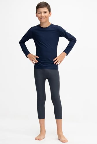 KISTA 3 Pack Boys Youth UPF 50+ Compression Capri Baselayer, Cool Dry Running Tights, 4-Way Stretch Workout Leggings4