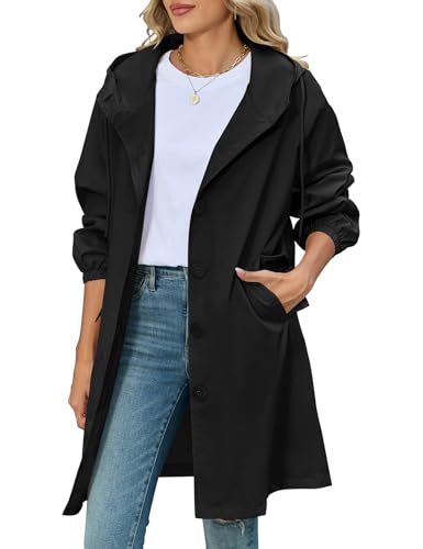 CMTOP Trench Femme Capuche Léger Mi-Long Trench Coat, Élégant et Chic Simple Boutonnage Manteau Coupe Vent Veste mi Saison Windbreaker Manteaux avec Poches pour...