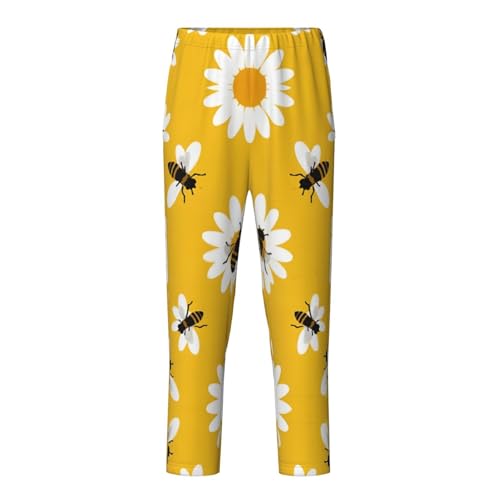 Pajama Pants Pajama Bottoms with Elastic Waistband Sleepwear Lounge PantsAnimal Bee White Daisy Flowers 1