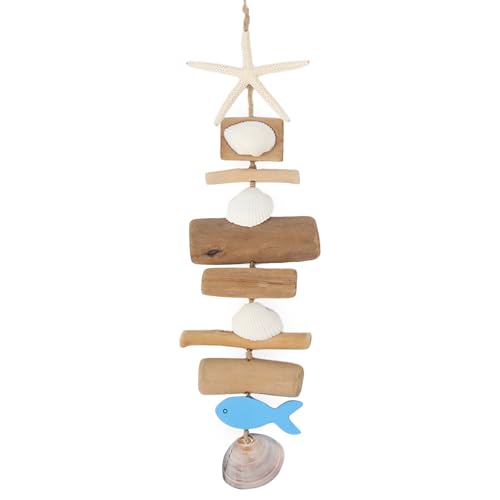 SKOOLOVE Decoración de pared de madera con peces de madera flotante, decoración de baño en forma de estrella de mar con conchas, decoración de habitación de playa de madera flotante para sala de estar