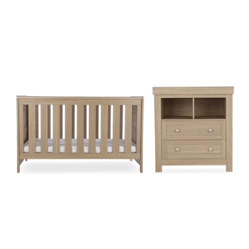 CuddleCo Burford Nursery Furniture Set - Convertible Cot Bed with 3 Mattress Base Positions, Dresser Changer with Removable Changing Top, Ideal Baby Furniture for Traditional Nursery (Oak, 2pc)