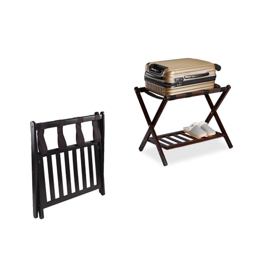 mosegor Luggage Rack Folding Suitcase Stand 2-Tier Bamboo Suitcase Holder with 4 Straps for Bedroom Hotel Guest Room Living Room, 68 x 40 x 58 cm, Black ﻿