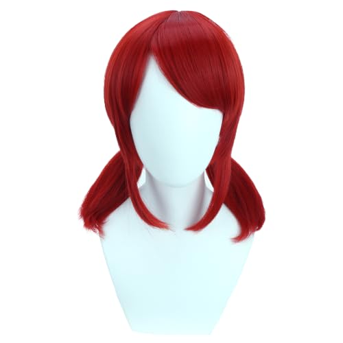 Image of Red Wig with Bangs Red Short Wig with Two Pigtails Red Straight Wigs for Women Cosplay Synthetic Wigs with Wig Cap