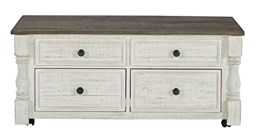 Signature Design By Ashley Havalance Farmhouse Lift Top Coffee Table With 4 Storage Drawers And Small Storage Tray, Whitewash #TOP3