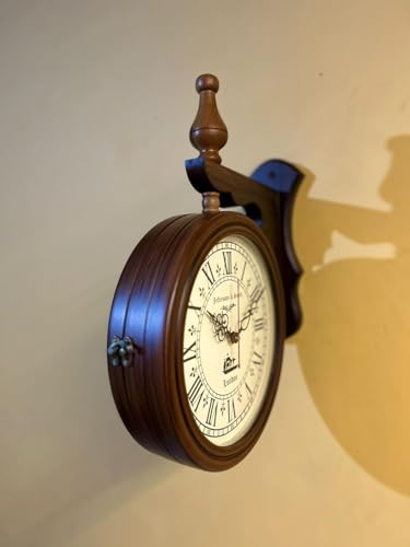 Image of Victorian Style Double-Sided Wall Clock with Bracket, Antique Farmhouse Design, Roman Numerals, Silent Quartz Movement, Light Brown (Brown)