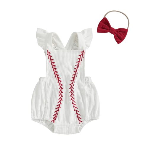 KtwHarnu Infant Baby Girl Baseball Outfit Ruffle Sleeveless Bubble Romper Corduroy Overalls Bodysuit Newborn Summer Clothes (White 6-12 Months)