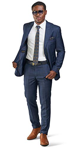 Slim Fit Suit 2 Button Peak Lapel Windowpane Plaid 35071 Navy No Vest 40R #TOP1