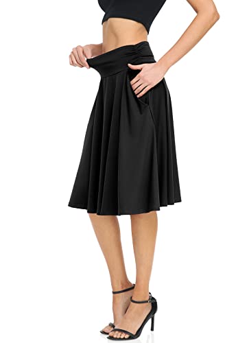 Carpetcom Women's Stretchy Ruched Waist Casual A-Line Pleated Midi Skater Skirt Black #TOP1